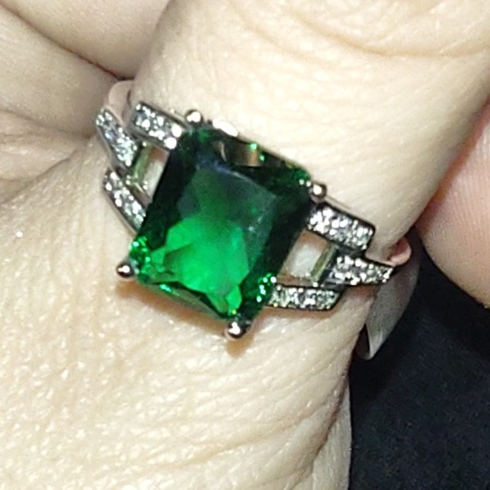 Sterling Silver CZ and Emerald Ring